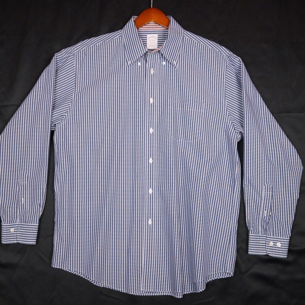 Brooks Brothers Madison Polo Shirt Mens L Blue Gingham Non-Iron Supima